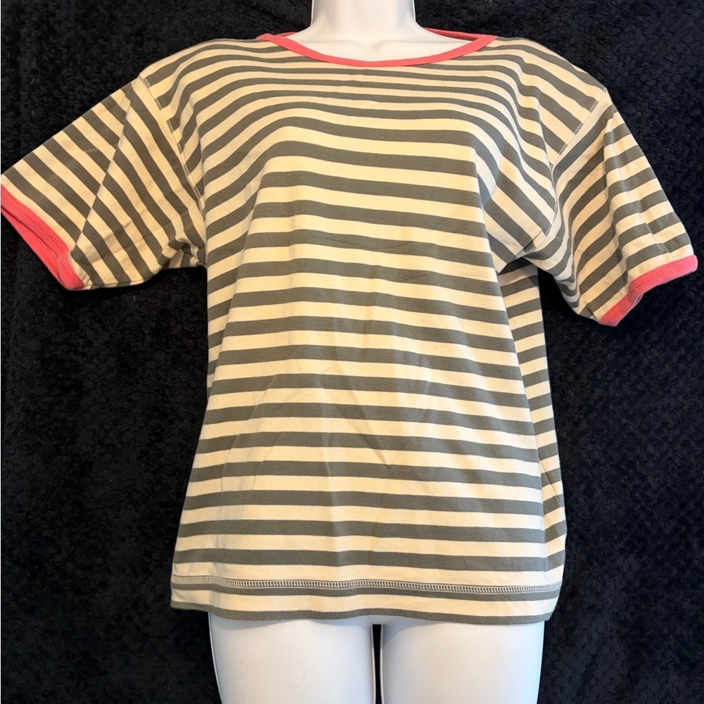 Vintage Cream/Gray Striped T-Shirt with Pink Accents